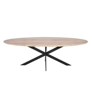 Eiken eettafel Ferris | Ovaal 210 cm | Naturel: een ovalen houten eettafel met een naturel blad en zwarte metalen X-poten, weergegeven op een witte achtergrond.