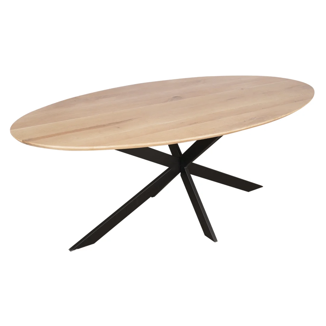 De Eiken eettafel Ferris is een ovale eettafel, 210 cm, met een naturel houten blad en moderne zwart metalen kruispoten.