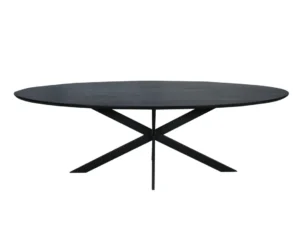 De Eiken eettafel Ferris is een moderne zwarte ovale eettafel van 240 cm lang met een glad blad en vier schuine poten die een X-vormig onderstel vormen.