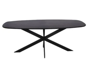 De Eiken eettafel Ferris | Deens Ovaal 200 cm | Zwart heeft een modern, donker houten ontwerp met een glad, Deens ovaal blad en een opvallend, gekruist metalen onderstel.