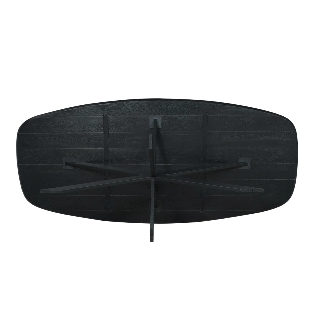 De Eiken eettafel Ferris | Deens Ovaal 200 cm | Zwart heeft een zwart ovaal ontwerp met een houten planken oppervlak en kruisende steunbalken in een X-patroon voor extra stabiliteit.