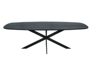 De Eiken eettafel Ferris | Deens Ovaal 240 cm | Zwart is een moderne zwarte eettafel met afgeronde hoeken en een opvallend kriskras metalen onderstel, tegen een effen witte achtergrond.