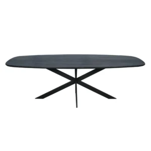De Eiken eettafel Ferris | Deens Ovaal 240 cm | Zwart is een moderne zwarte eettafel met afgeronde hoeken en een opvallend kriskras metalen onderstel, tegen een effen witte achtergrond.
