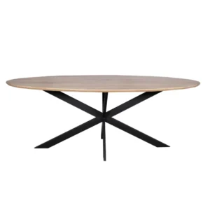 De Eiken eettafel Ferris | Ovaal 280 cm | Naturel is een moderne ovalen houten tafel met een licht blad en zwarte metalen X-vormige kruisende poten.