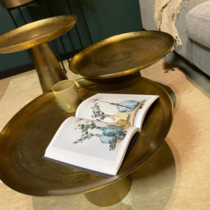 Een moderne woonkamer toont de Salontafel 50 x 50 CM Vierkant. Een opengeslagen kunstboek met plantenillustraties en een gouden beker rusten op de tafel, terwijl een grijze bank met een beige kleed op de achtergrond verschijnt.