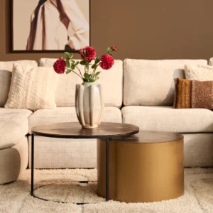 Gouden salontafel met ronde bladen en een vaas met rode bloemen. Zachte, neutrale tinten in de woonkamer. Sfeervolle verlichting.