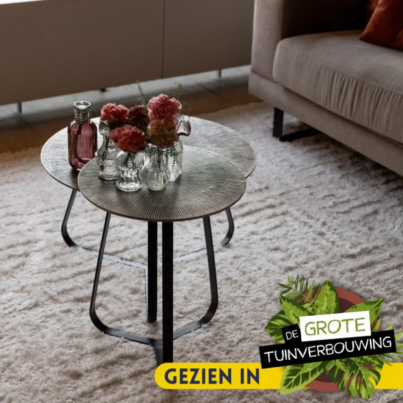 De Salontafel 40 x 50 CM Vierkant staat op een licht vloerkleed, versierd met glazen vazen en rood-roze bloemen. Op een badge onderaan staat GEZIEN IN De Grote Tuinverbouwing met bladaccenten op de achtergrond.