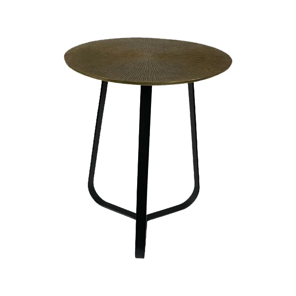 De Salontafel 40 x 50 CM Vierkant is een moderne, minimalistische bijzettafel met een gestructureerd bronskleurig blad en drie naar buiten gebogen zwart metalen poten, perfect om stijl toe te voegen aan elke ruimte.