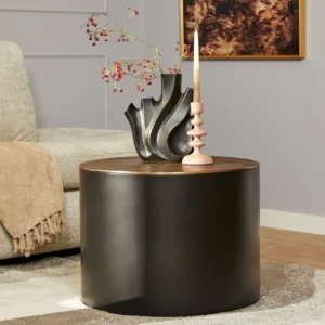 De Salontafel Fiore Zwart/Goud, gecombineerd met een moderne zwarte vaas met roodgebloemde takken en een roze kandelaar, staat naast een beige bank gedrapeerd met een bruine plaid, waardoor een gezellige woonkamer ontstaat.