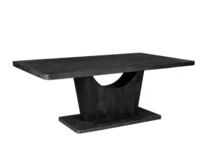 De Eettafel Voco is een moderne 200 cm zwarte eettafel met een dik rechthoekig blad en een opvallend voetstuk met een gebogen uitsparing, gemaakt van massief donker materiaal.