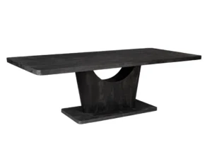 De Eettafel Voco is een 240 cm rechthoekige zwarte moderne eettafel met een dik blad en een geometrisch voetstuk met een gebogen uitsnede.