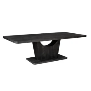 De Eettafel Voco is een 240 cm rechthoekige zwarte moderne eettafel met een dik blad en een geometrisch voetstuk met een gebogen uitsnede.