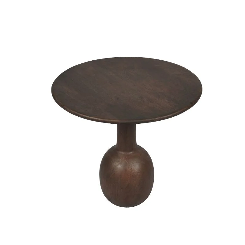 De bijzettafel Donna is een klein, rond, donkerbruin houten tafeltje met een glad blad en een kenmerkend langwerpig ovaal onderstel.