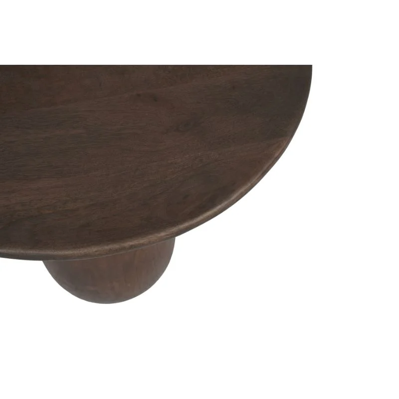 Een close-up van de bijzettafel Donna toont het ronde, donkerhouten tafelblad en de bovenkant van de cilindrische poot tegen een witte achtergrond.