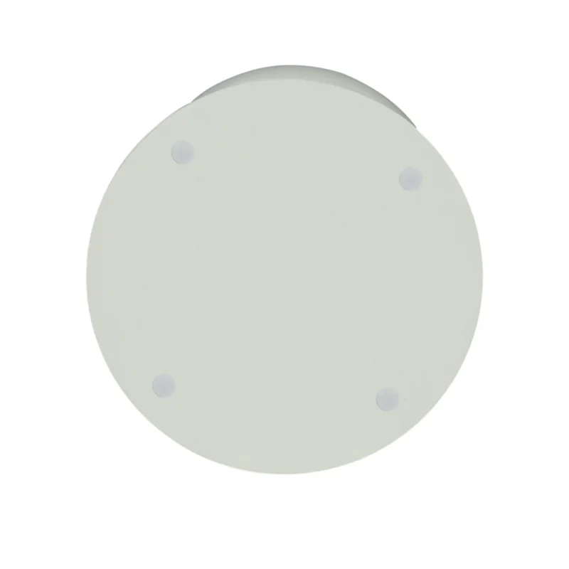 De bijzettafel Jon Groen is een ronde, platte, witte bijzettafel met vier gelijkmatig verdeelde gaten bij de rand, van bovenaf gezien op een effen witte achtergrond.