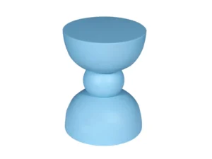De bijzettafel Jon Blauw is een modern sculpturaal stuk in massief lichtblauw, met een rond blad, een centrale bol en een omgekeerde koepelvoet - alles tegen een witte achtergrond.