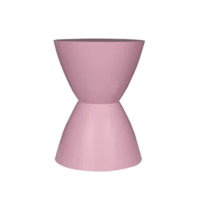 De Bijzettafel Abbey Roze is een modern, zandlopervormig krukje of bijzettafeltje in effen lichtroze, afgebeeld tegen een witte achtergrond.