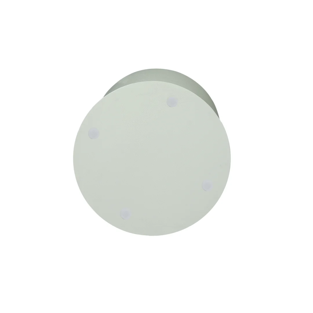 De Bijzettafel Abdij Groen is een ronde, platte, witte tafel met vier kleine, vage stippen bij de rand, afgebeeld tegen een effen witte achtergrond.