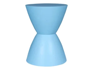 De Bijzettafel Abbey Blauw is een moderne zandlopervormige kruk in massief lichtblauw met gladde oppervlakken en een symmetrisch ontwerp, afgebeeld tegen een effen witte achtergrond.