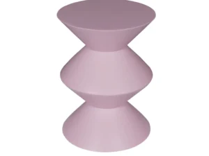 De Bijzettafel Abel Roze is een moderne, geometrische bijzettafel in zachtroze, met twee verticaal gestapelde zandlopervormen voor een sculpturale, symmetrische look, tegen een witte achtergrond.