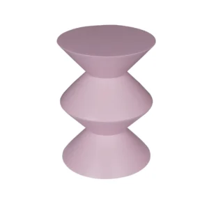 De Bijzettafel Abel Roze is een moderne, geometrische bijzettafel in zachtroze, met twee verticaal gestapelde zandlopervormen voor een sculpturale, symmetrische look, tegen een witte achtergrond.