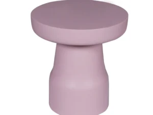 De bijzettafel Drum Roze heeft een modern, minimalistisch ontwerp met een rond blad, een dikke taps toelopende basis en een stevige pastelroze afwerking.