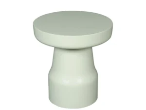 De bijzettafel Drum | Groen is een moderne, minimalistische bijzettafel met een rond blad en een breed, stevig onderstel. Hij heeft een lichtgrijze kleur en een gladde, matte afwerking.