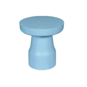 De bijzettafel Drum Blauw is een klein, modern lichtblauw tafeltje met een cilindrische voet en een rond blad, afgebeeld tegen een witte achtergrond.