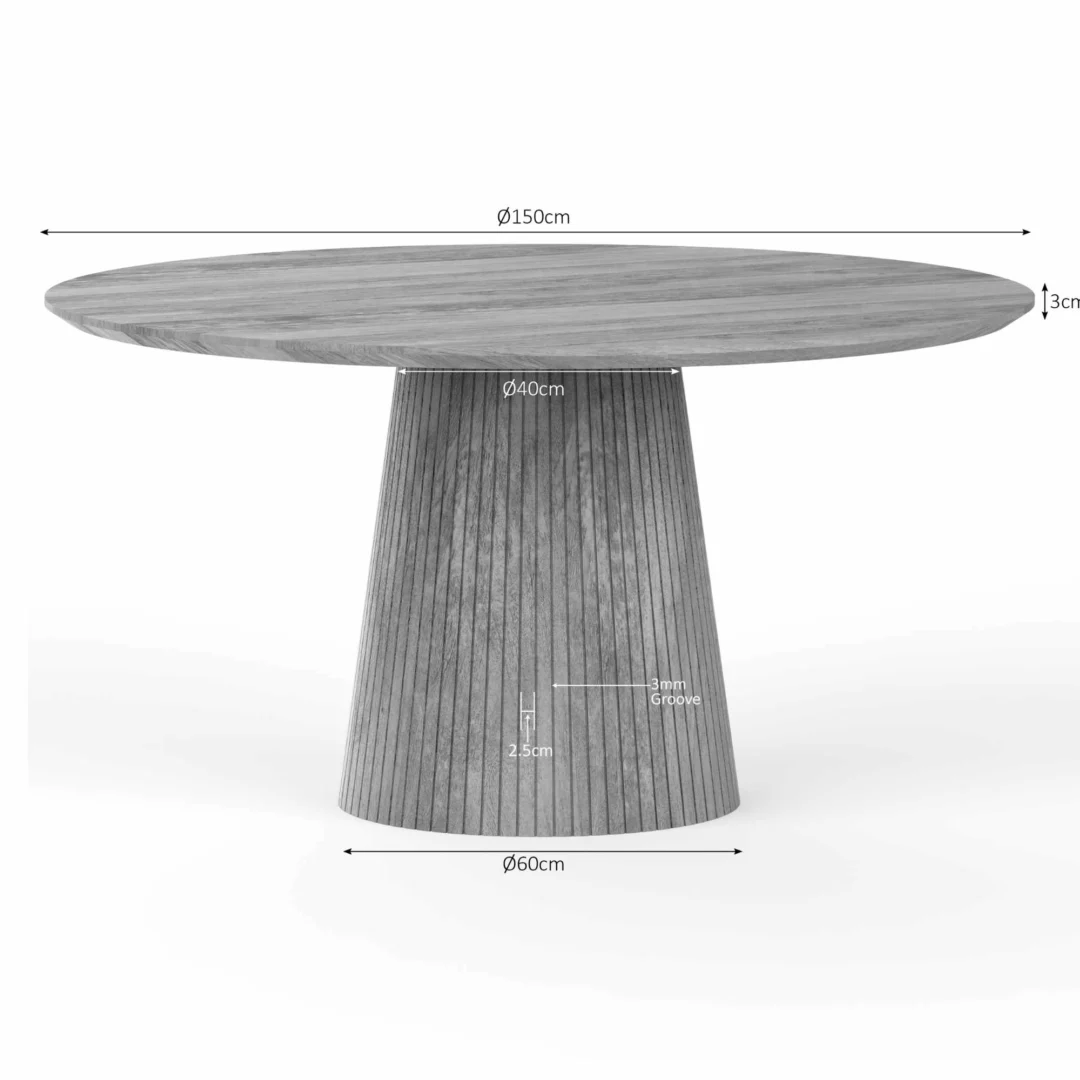 Grijze Solana eettafel, rond. Houten tafelblad met afmetingen. Verticale latten op de conische voet. Neutrale achtergrond.