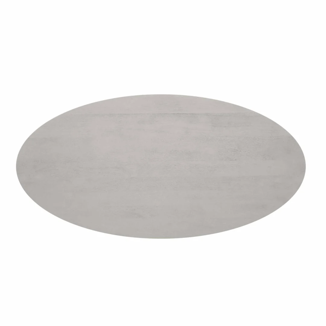 Bovenaanzicht van een ovaal Solana eettafelblad. Het blad is lichtgrijs met een subtiele textuur, tegen een heldere, witte achtergrond.