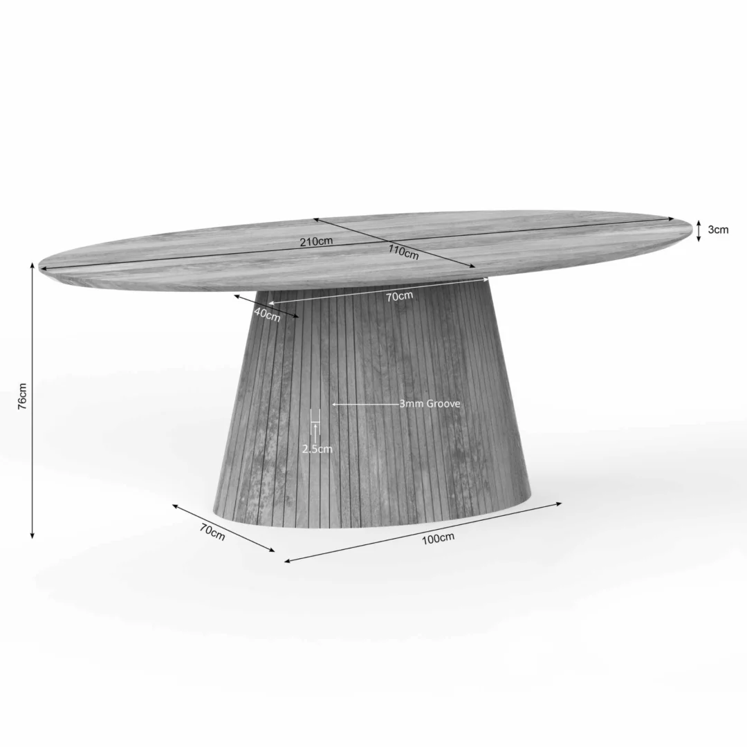 Ovale eettafel Solana met afmetingen. Het tafelblad is ovaal en grijs van kleur. De voet is kegelvormig met verticale lijnen. Lichte achtergrond.