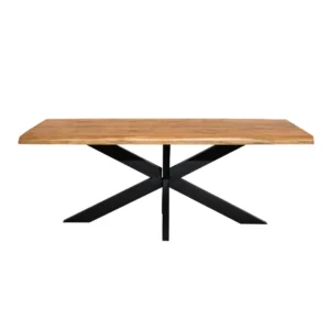 De Boomstamtafel Denver | 200 cm is een rechthoekige houten tafel met een lichtbruin blad en een modern zwart metalen X-vormig onderstel.
