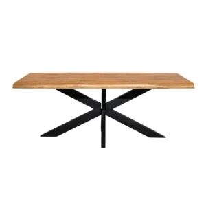 Voor aanzicht van een boomstamtafel met een lichtbruin blad en een zwart metalen onderstel in X-vorm op een witte achtergrond.