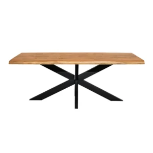 Vooraanzicht van een rechthoekige boomstamtafel met een houten blad en een zwart metalen onderstel in kruisvorm, tegen een witte achtergrond.