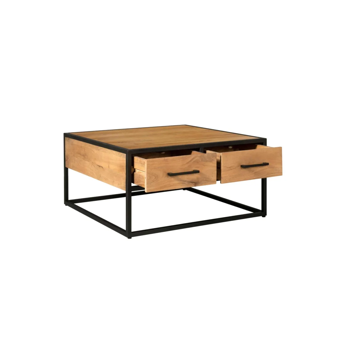De Salontafel 80 x 80 CM Rond Design is een vierkante houten salontafel met een zwart metalen frame, twee open lades met zwarte handgrepen, afgebeeld op een witte achtergrond.