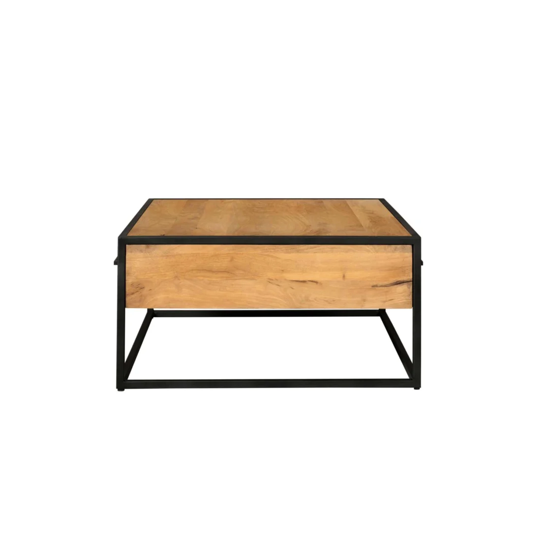 De Salontafel 80 x 80 CM Rond Design is een moderne vierkante salontafel met een licht houten blad en zijkanten, een zwart metalen frame en open poten, tegen een witte achtergrond.