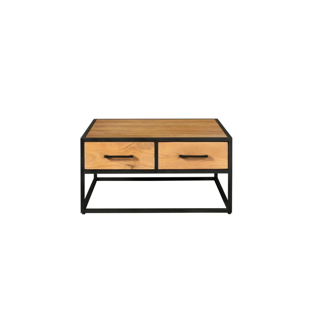 De Salontafel 80 x 80 CM Rond Design is een ronde salontafel met twee lades met zwarte metalen handgrepen en een stevig zwart metalen frame, tegen een witte achtergrond.