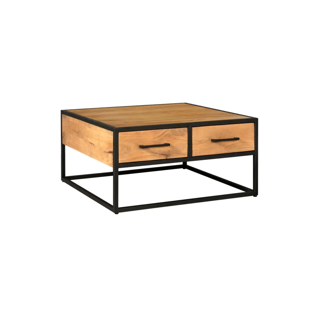 De Salontafel 80 x 80 CM Rond Design is een vierkante salontafel met een licht houten blad en zijkanten, twee lades met zwarte handgrepen en een zwart metalen frame met een open onderstel.