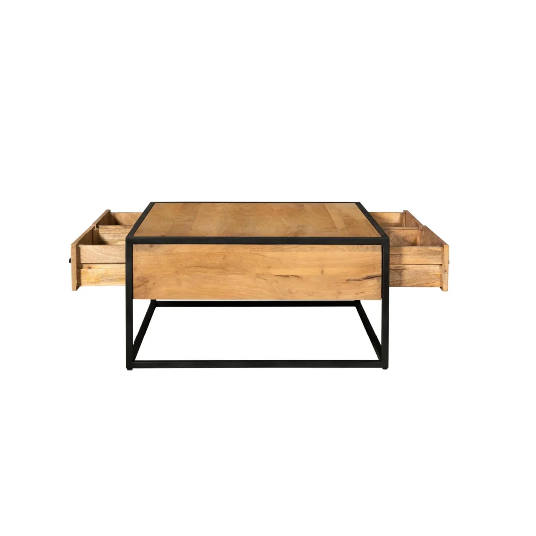 De Salontafel 80 x 80 CM Rond Design is een moderne, minimalistische salontafel met een zwart metalen frame, houten afwerking en twee open zijlades met interne opbergruimte.