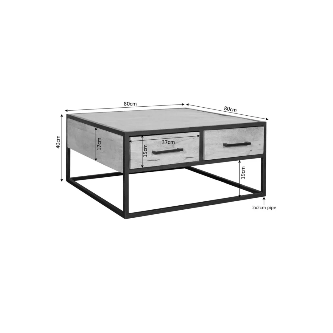 De Salontafel 80 x 80 CM Rond Design is een vierkante salontafel met een metalen frame van 2x2cm buizen, twee lades (37cm breed, 17cm hoog) en totale afmetingen van 80x80x40cm.