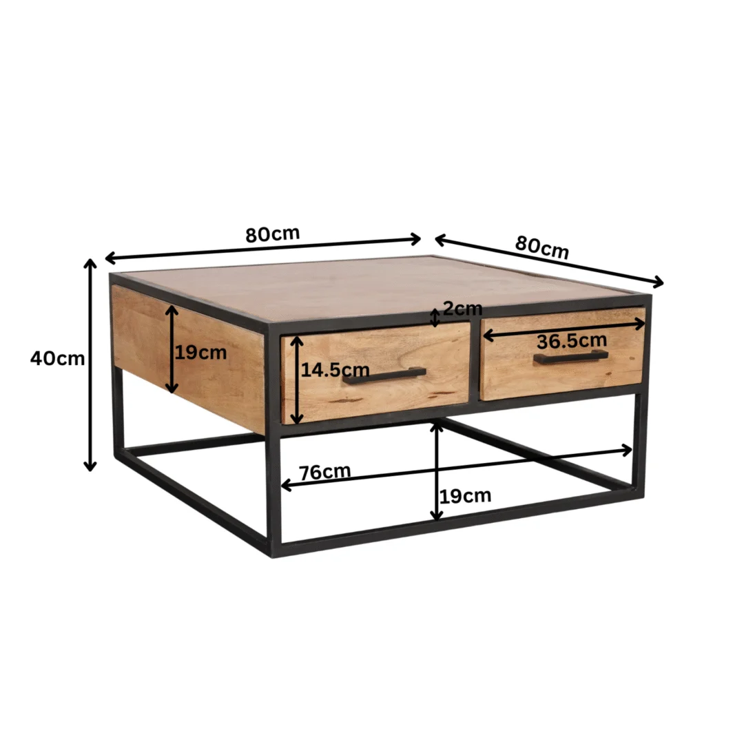 Salontafel 80 x 80 CM Rond Design: vierkante houten salontafel met zwart metalen frame, twee lades, afmetingen 80x80x40cm (BxLxH), lade diepte 76cm, lade breedtes 36.5cm & 19cm, lade hoogtes 14.5cm & 2cm.