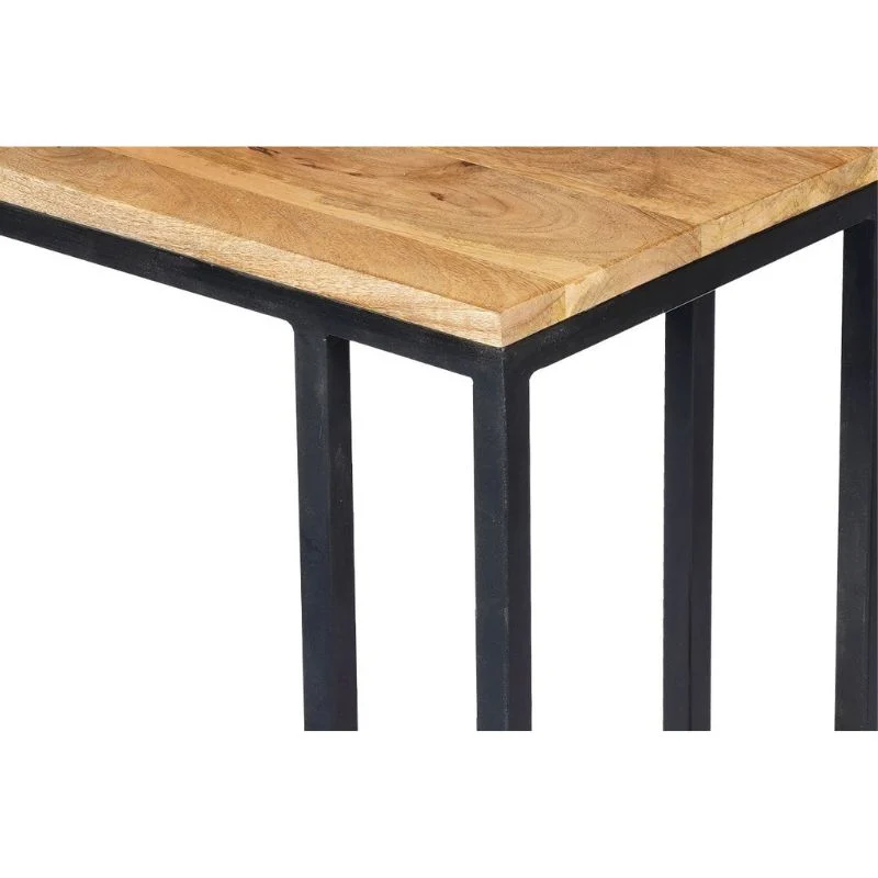 Een close-up van de Schuifregelaar Naturel Hoog tafel met een licht houten blad, zwarte metalen poten en een minimalistisch industrieel hoekontwerp.