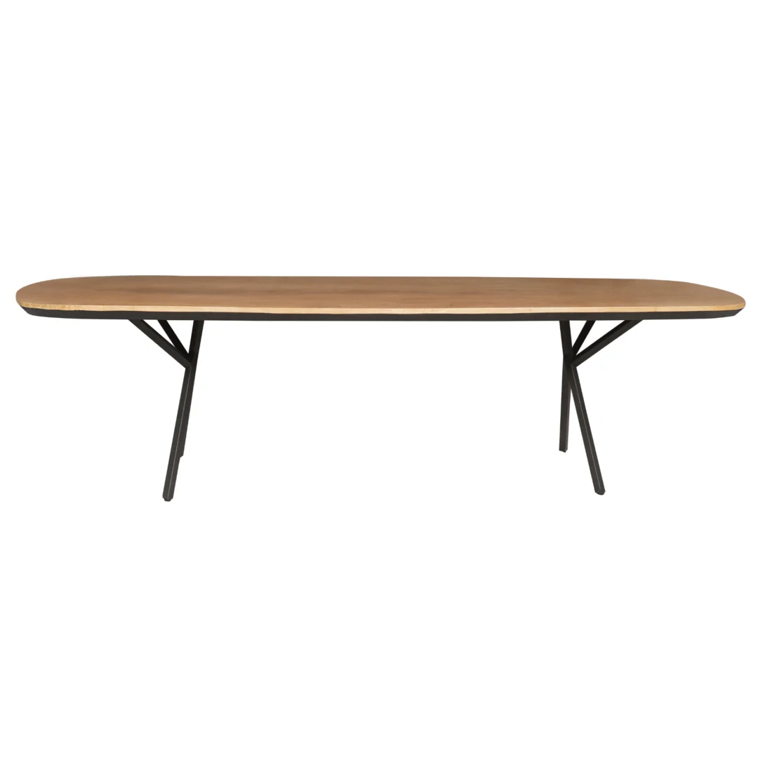 De Eettafel RichWood | 200 cm is een moderne rechthoekige houten tafel met afgeronde hoeken en zwarte metalen poten tegen een witte achtergrond.