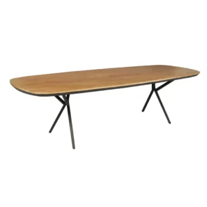 De Eettafel RichWood | 160 cm is een moderne rechthoekige houten tafel met afgeronde hoeken en slanke zwarte metalen poten die hoekige steunen vormen.