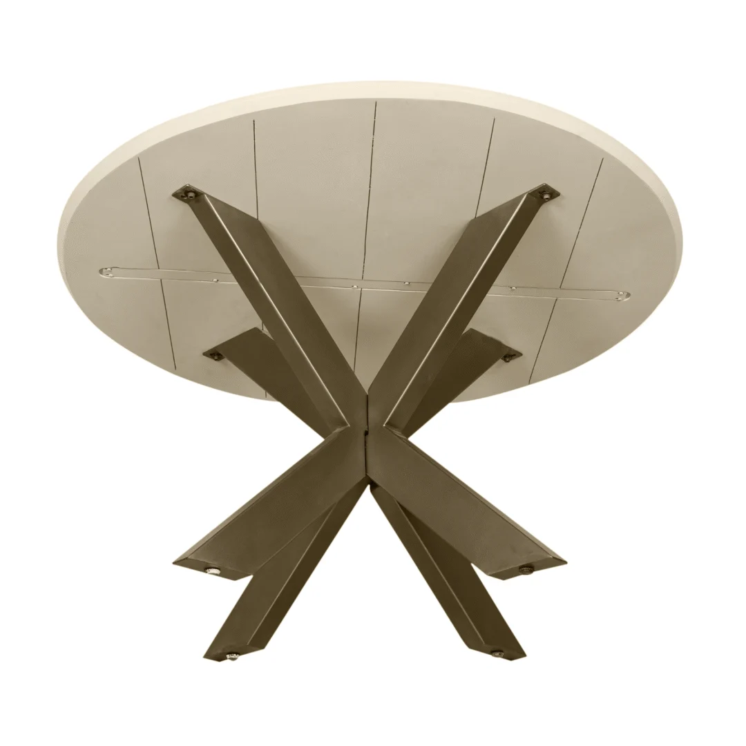 Onder aanzicht van een ronde, naturel eettafel met een wit blad en een metalen onderstel in de vorm van een ster, tegen een witte achtergrond.