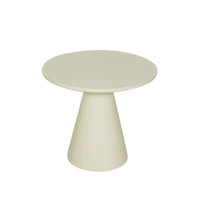 De Salontafel 16 x 45 CM is een kleine, ronde beige tafel met een glad blad en een conische basis, tegen een effen witte achtergrond.