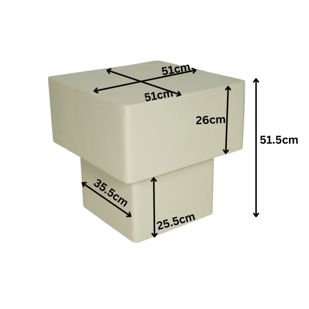 Beige salontafel met afmetingen, bestaande uit twee vierkante blokken. Heldere belichting, geïsoleerd op een witte achtergrond.