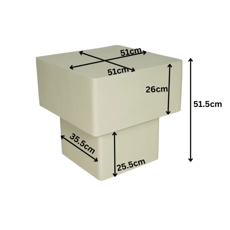 De Salontafel 57 x 52 CM Vierkant is een moderne beige vierkante tafel met een blad van 57 x 52 cm, een totale hoogte van 51,5 cm, een bovenhoogte van 26 cm en een onderstel van 35,5 x 25,5 cm en 25,5 cm hoog.