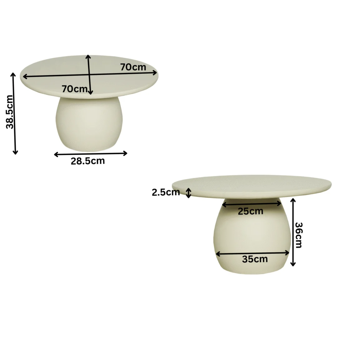 Twee beige Salontafels 70 CM Vierkant: de ene heeft een diameter van 70 cm, is 38,5 cm hoog en heeft een basisbreedte van 28,5 cm; de andere heeft een tafelbladhoogte van 2,5 cm, een basishoogte van 36 cm en een basisbreedte van 35 cm. Pijlen geven de afmetingen op de afbeelding aan.