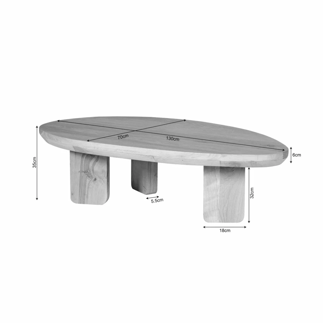 Zijaanzicht van een ovale salontafel van eikenhout met afmetingen in grijstinten tegen een witte achtergrond.